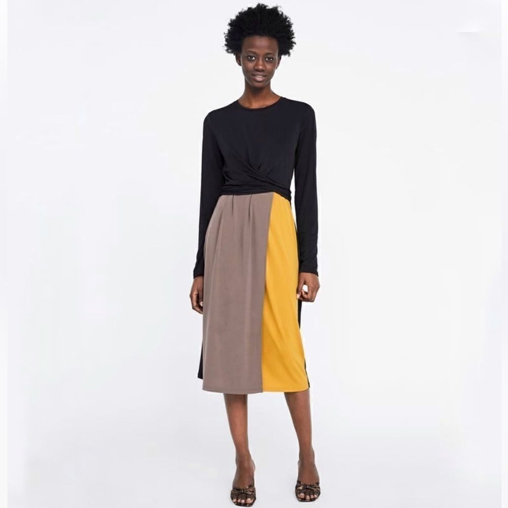 Zara Black and Mustard Long Sleeve Dress - Picture 3 of 6